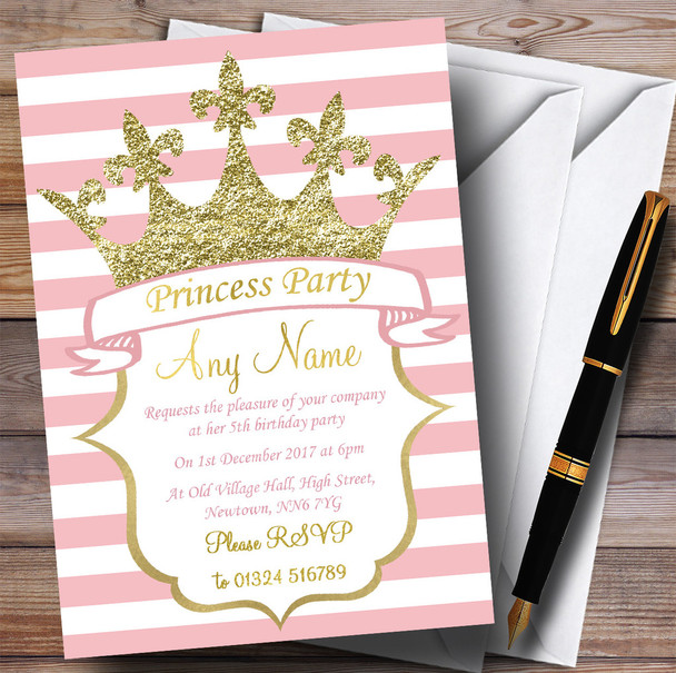 Pink Stripes Gold Crown Princess Children's Birthday Party Invitations