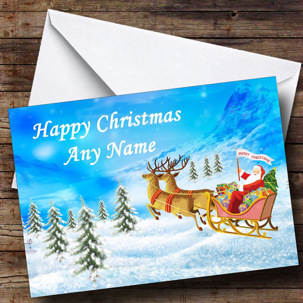 Santa In His Sleigh Blue Christmas Card Customised