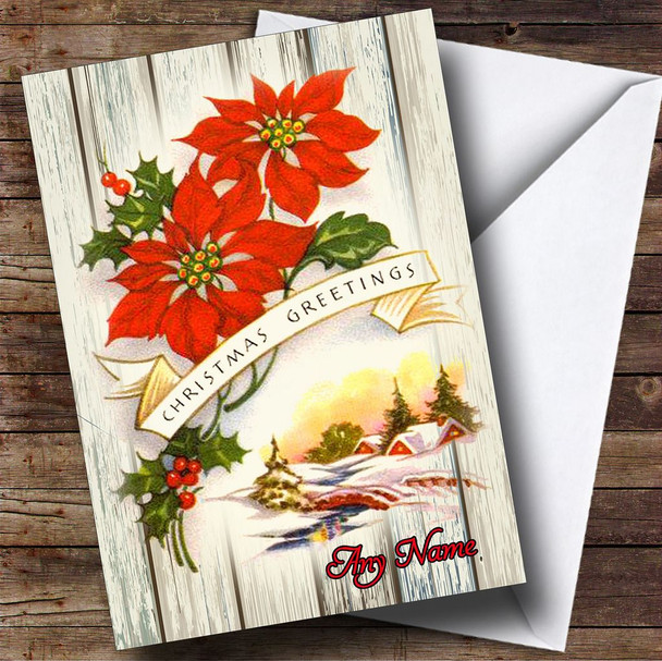 Wood Red Flower Vintage Traditional Customised Christmas Card