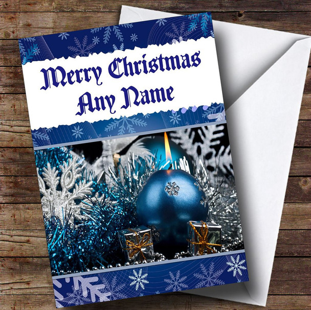 Blue Traditional Baubles Customised Christmas Card