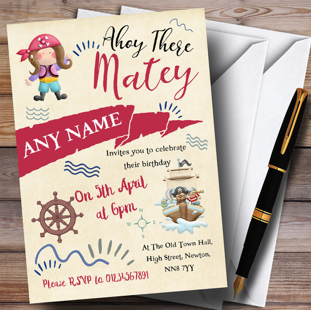 Pirate Themed Girls Children's Birthday Party Invitations