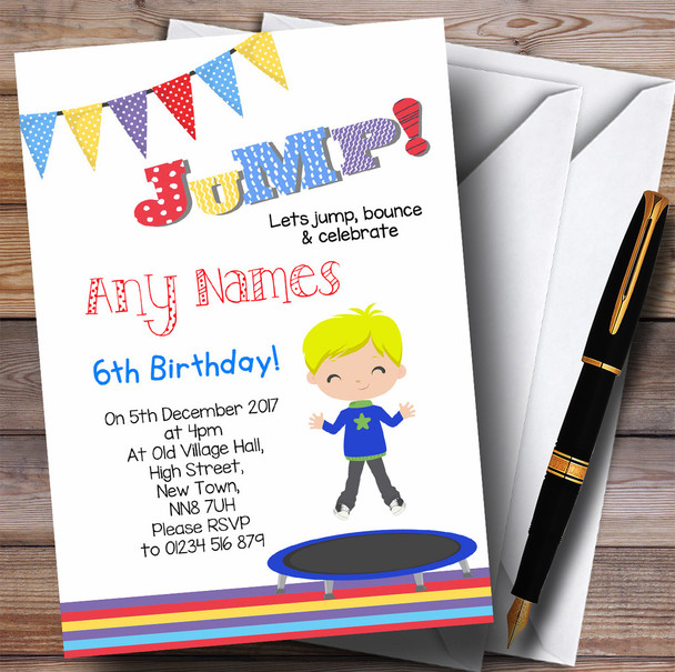 Blonde Boy Trampoline Children's Birthday Party Invitations