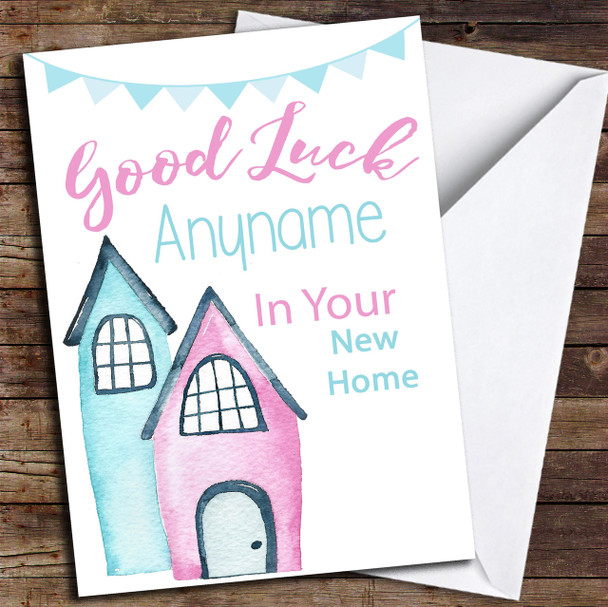 Good Luck Pretty Blue Pink House New Home Customised Good Luck Card