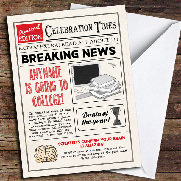 Newspaper Celebration Times College Customised Good Luck Card