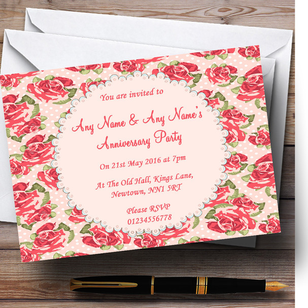 Coral Pink Floral Shabby Chic Chintz Customised Anniversary Party Invitations