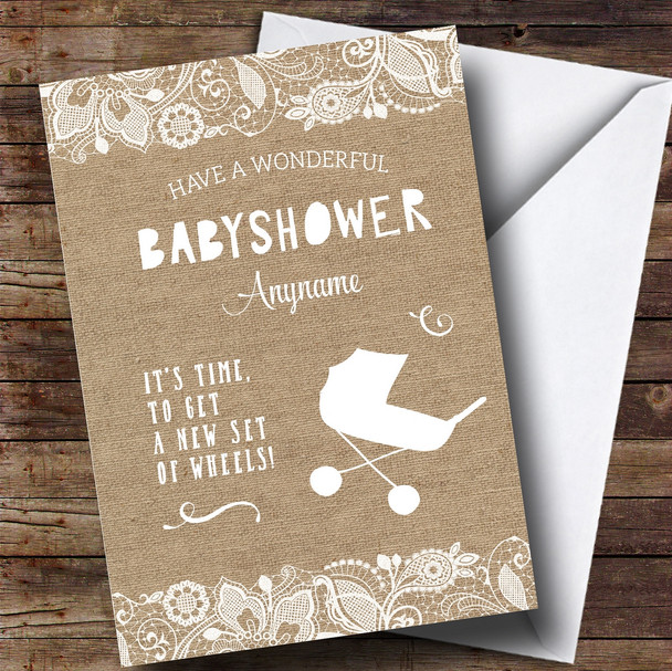 Customised Funny New Set Of Wheels Pram Burlap Baby Shower Card