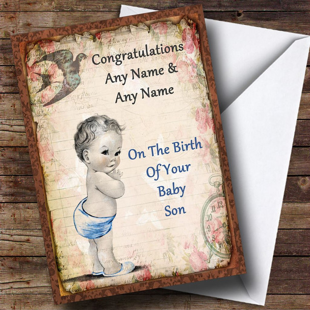 Vintage Baby Boy Customised New Baby Card