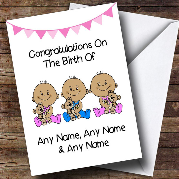 New Baby Triplets 2 Girls & 1 Boy Brown Skinned Customised New Baby Card