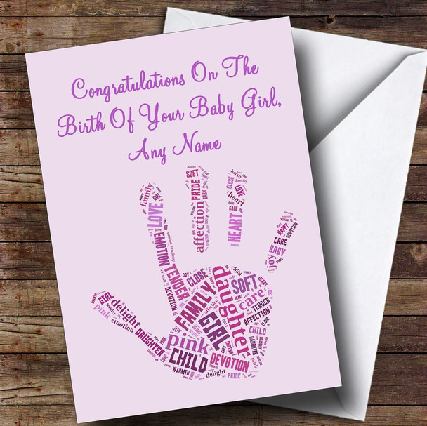 Pink Purple Word Art Girl Customised New Baby Card