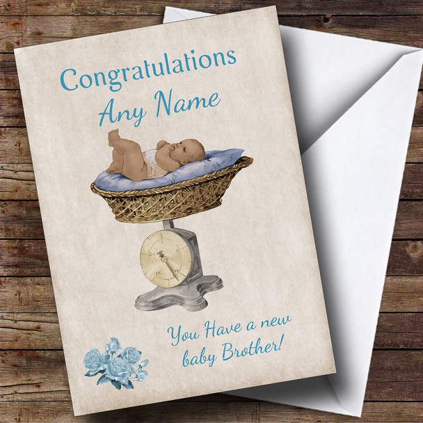 Pretty Vintage Blue Baby Boy Brother On Scales Customised Sibling Card