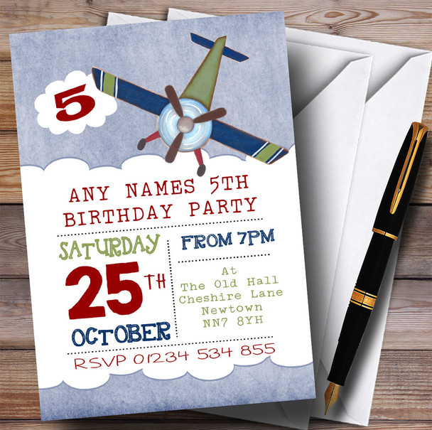 Vintage Watercolour Plane Children's Birthday Party Invitations