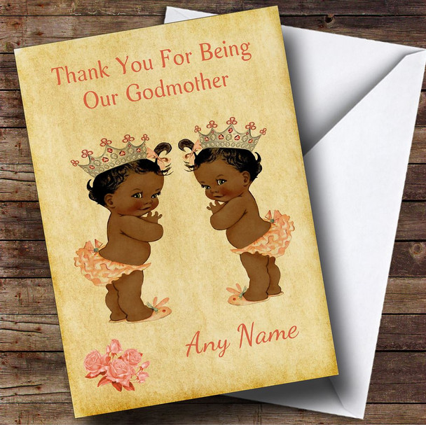 Twin Black Baby Girls Godmother Customised Thank You Card