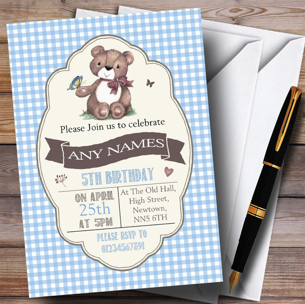 Blue Boys Teddy Bear Picnic Children's Birthday Party Invitations