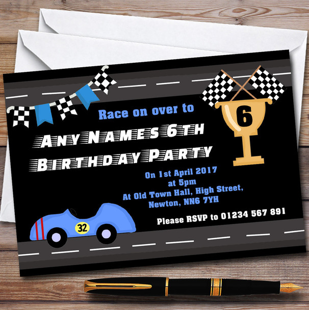 Blue Racing Car & Flag Children's Birthday Party Invitations