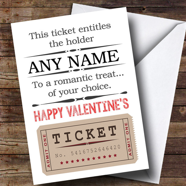 Valentines Ticket Romantic Treat Customised Valentines Card