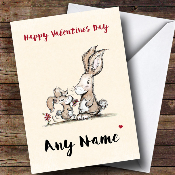 Cute Rabbits Giving Flowers Valentines Customised Card
