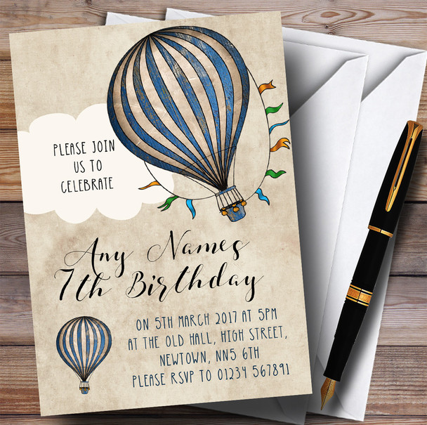 Boys Vintage Blue Hot Air Balloon Children's Birthday Party Invitations