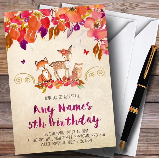 Bright Floral Woodland Forest Animals Fox Children's Birthday Party Invitations