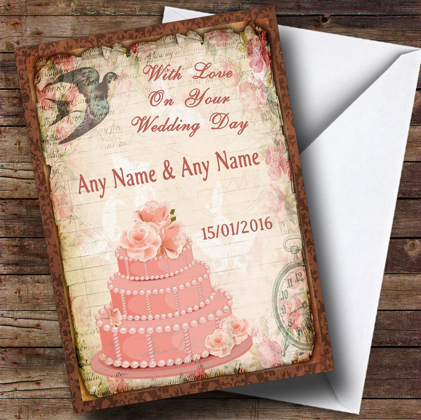 Gorgeous Pink Vintage Bird & Wedding Cake Customised Wedding Card