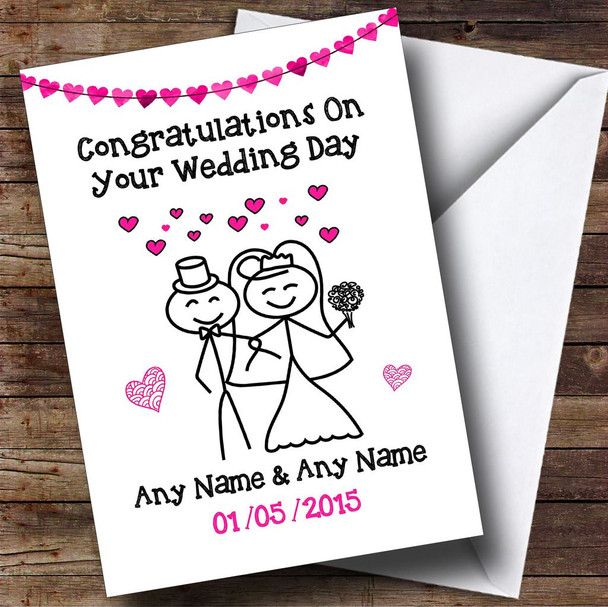 Doodle Happy Couple Pink Customised Wedding Card