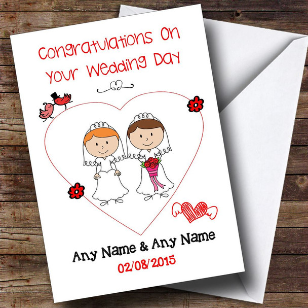 Doodle Gay Lesbian Female Couple Red Head Brunette Customised Wedding Card