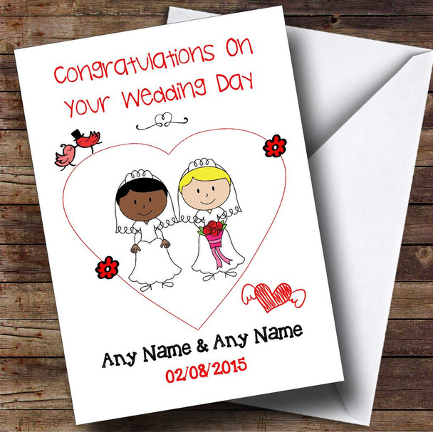 Cute Doodle Gay Lesbian Female Couple Black White Customised Wedding Card