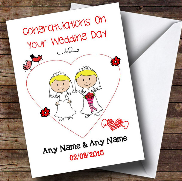 Cute Doodle Gay Lesbian Female Couple Both Blonde Customised Wedding Card