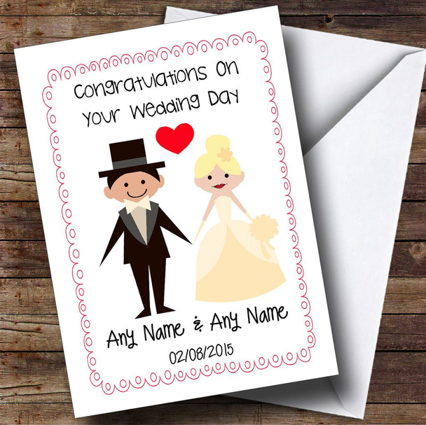 Cute Doodle Frame & Heart Blonde Bride Customised Wedding Card