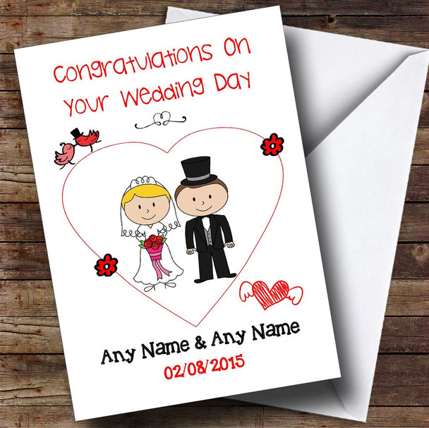 Cute Doodle Blonde Bride Dark Haired Groom Customised Wedding Card