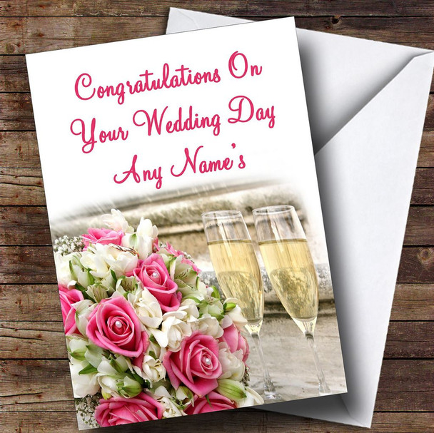 Flowers Champagne Beautiful Customised Wedding Day Card