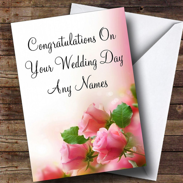 Beautiful Soft Pink Pastel Roses Customised Wedding Day Card