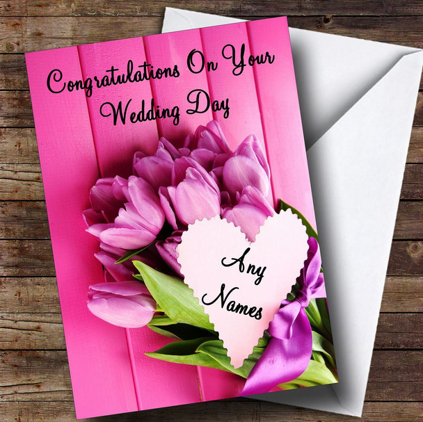 Pink Bunch Of Flowers Romantic Customised Wedding Day Card