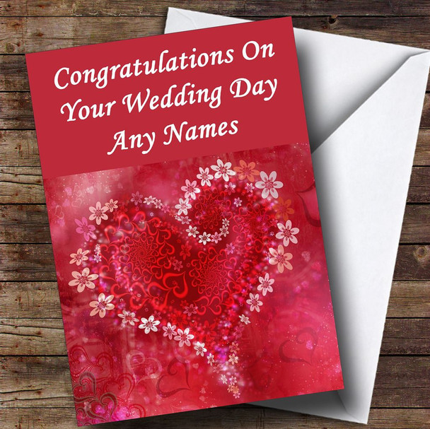 Red Flower Love Heart Romantic Customised Wedding Day Card