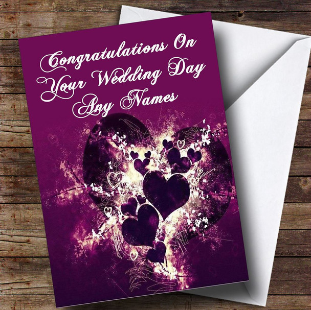 Purple Hearts And Swirls Romantic Customised Wedding Day Card