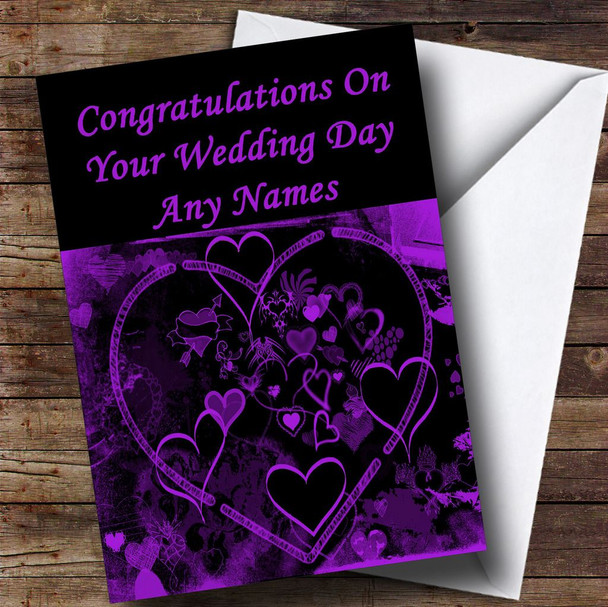 Purple And Black Love Heart Romantic Customised Wedding Day Card