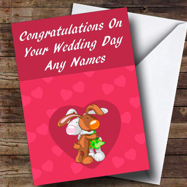 Cute Cuddling Rabbits Romantic Customised Wedding Day Card