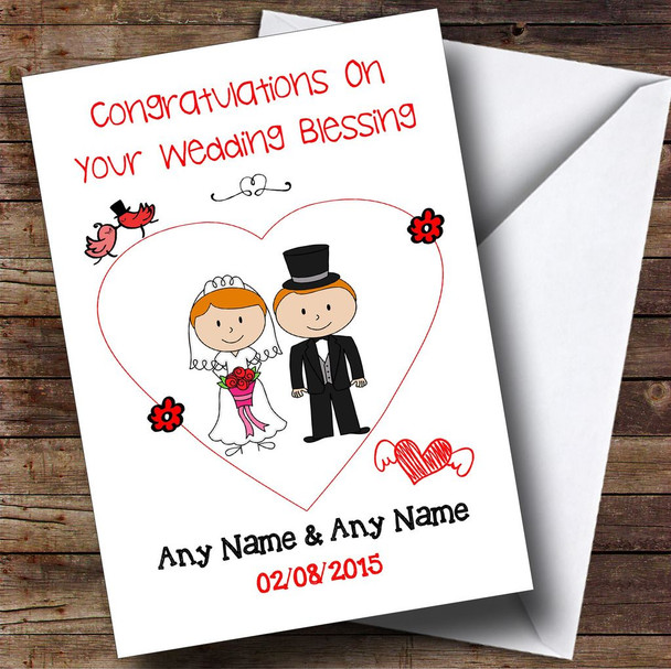 Cute Doodle Red Haired Couple Customised Wedding Blessing Card