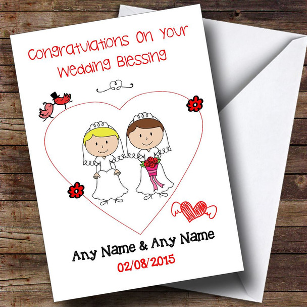 Doodle Gay Lesbian Couple Blonde Brunette Customised Wedding Blessing Card