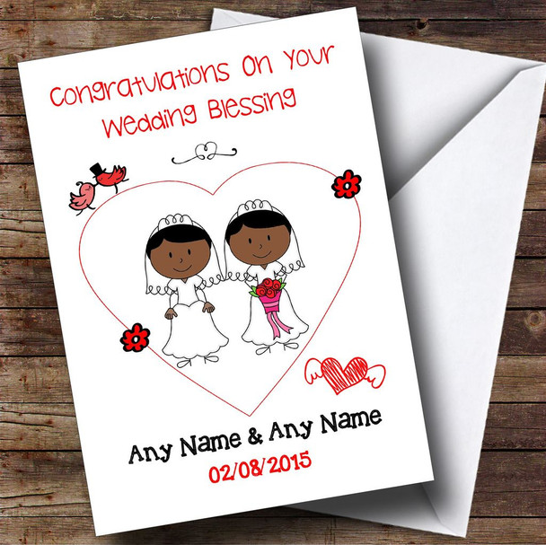 Cute Doodle Gay Lesbian Female Black Couple Customised Wedding Blessing Card