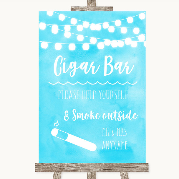Aqua Sky Blue Watercolour Lights Cigar Bar Customised Wedding Sign