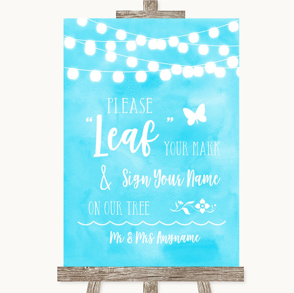 Aqua Sky Blue Watercolour Lights Fingerprint Tree Instructions Wedding Sign