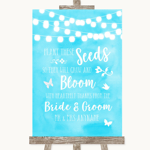 Aqua Sky Blue Watercolour Lights Plant Seeds Favours Customised Wedding Sign