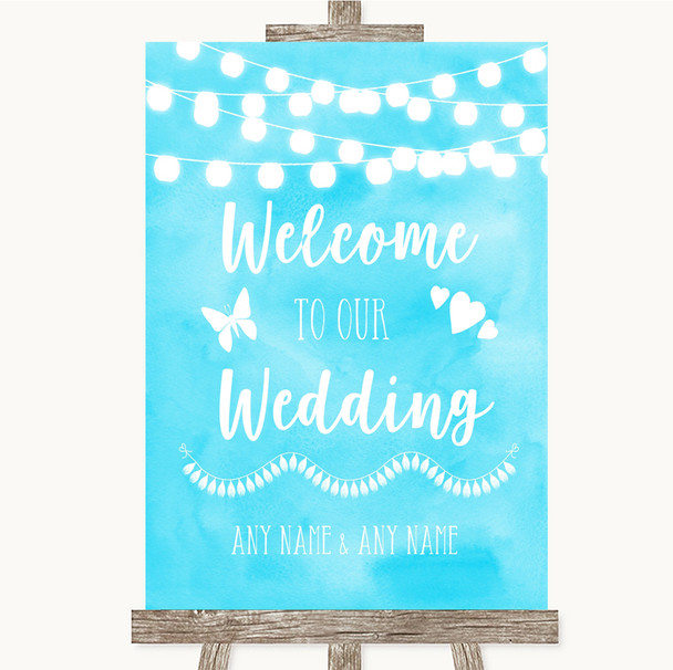 Aqua Sky Blue Watercolour Lights Welcome To Our Wedding Sign