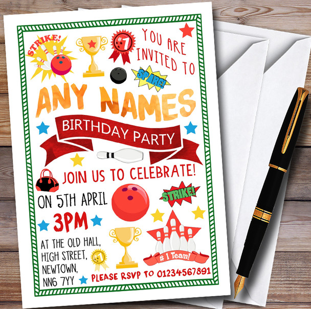 Bowling Ball & Skittles Customised Children's Party Invitations