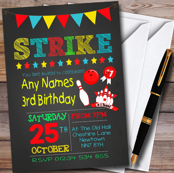 Boys Bowling Chalk Customised Children's Party Invitations