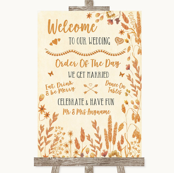 Autumn Leaves Welcome Order Of The Day Customised Wedding Sign