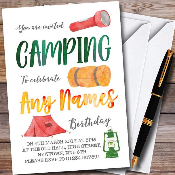 Camping Watercolour Customised Children's Party Invitations