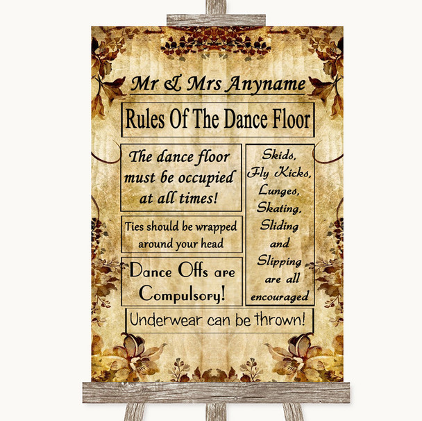 Autumn Vintage Rules Of The Dancefloor Customised Wedding Sign