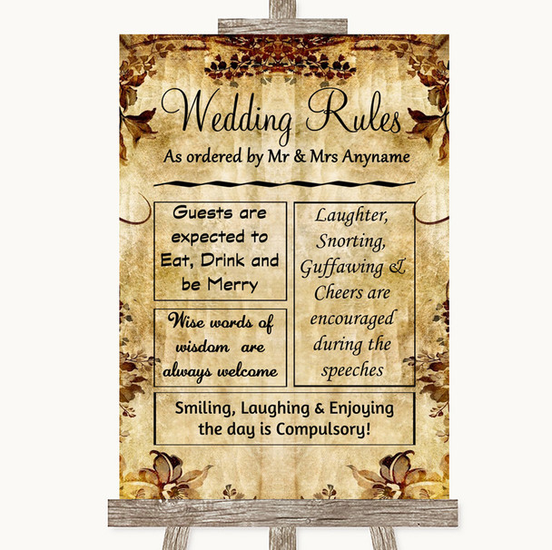 Autumn Vintage Rules Of The Wedding Customised Wedding Sign