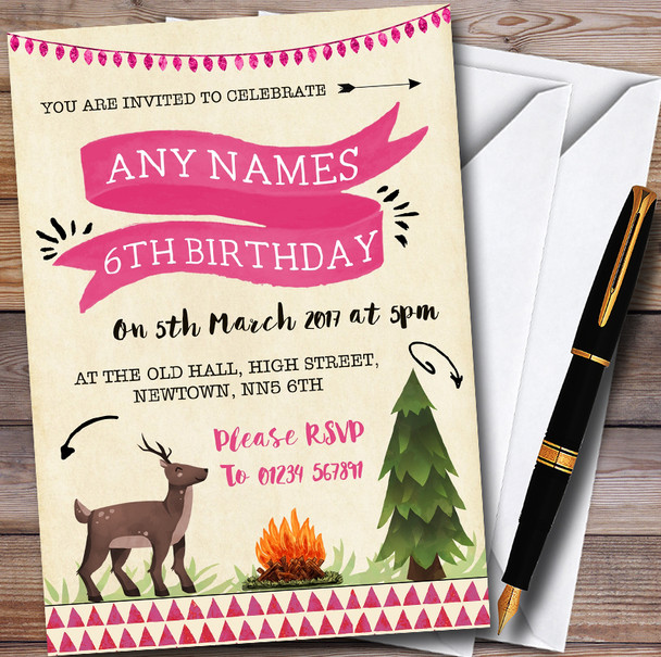 Deer & Campfire Camping Girls Customised Children's Party Invitations